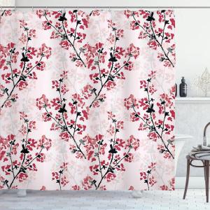 Ambesonne Floral Shower Curtain, Nature Inspired Blush Flowers on Tree Branches Romantic Season Art Design, Cloth Fabric Bathroom Decor Set with Hooks, 69″ W x 70″ L, Rose Ruby Black