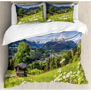 Ambesonne Heart Duvet Cover Sets, Repetitive Romantic Plaid Motif Hearts Valentines, Bedding Set with 2 Duvet Covers & 4 Pillowcases, 2 Pack King Size, Champagne Multicolor(Yellow Green Blue)