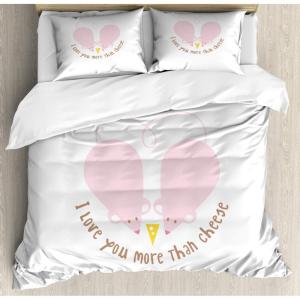 Ambesonne I Love You More Duvet Cover Sets, Pink Rats with Tangled Tails Forming a Heart Valentines, Bedding Set with 2 Duvet Covers & 4 Pillowcases, 2 Pack Queen Size, Pale Pink Cocoa Yellow(Pale Pink Cocoa Yellow)