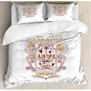 Ambesonne I Love You More Duvet Cover Sets, Pink Rats with Tangled Tails Forming a Heart Valentines, Bedding Set with 2 Duvet Covers & 4 Pillowcases, 2 Pack Queen Size, Pale Pink Cocoa Yellow(Peach Blush Brown)