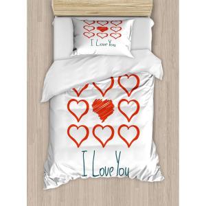 Ambesonne I Love You More Duvet Cover Sets, Pink Rats with Tangled Tails Forming a Heart Valentines, Bedding Set with 2 Duvet Covers & 4 Pillowcases, 2 Pack Queen Size, Pale Pink Cocoa Yellow(Vermilion Teal White)