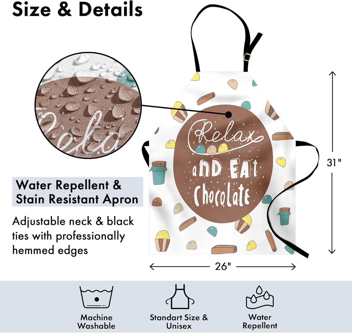imageAmbesonne Saying Apron Relax and Eat Chocolate Message Tea Time Delicious Desserts Concept with Cupcakes Unisex Kitchen Bib with Adjustable Neck for Cooking Gardening Adult Size Brown Teal