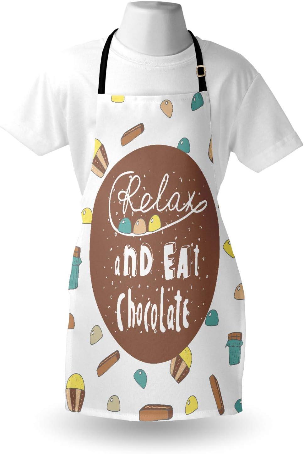 imageAmbesonne Saying Apron Relax and Eat Chocolate Message Tea Time Delicious Desserts Concept with Cupcakes Unisex Kitchen Bib with Adjustable Neck for Cooking Gardening Adult Size Brown Teal