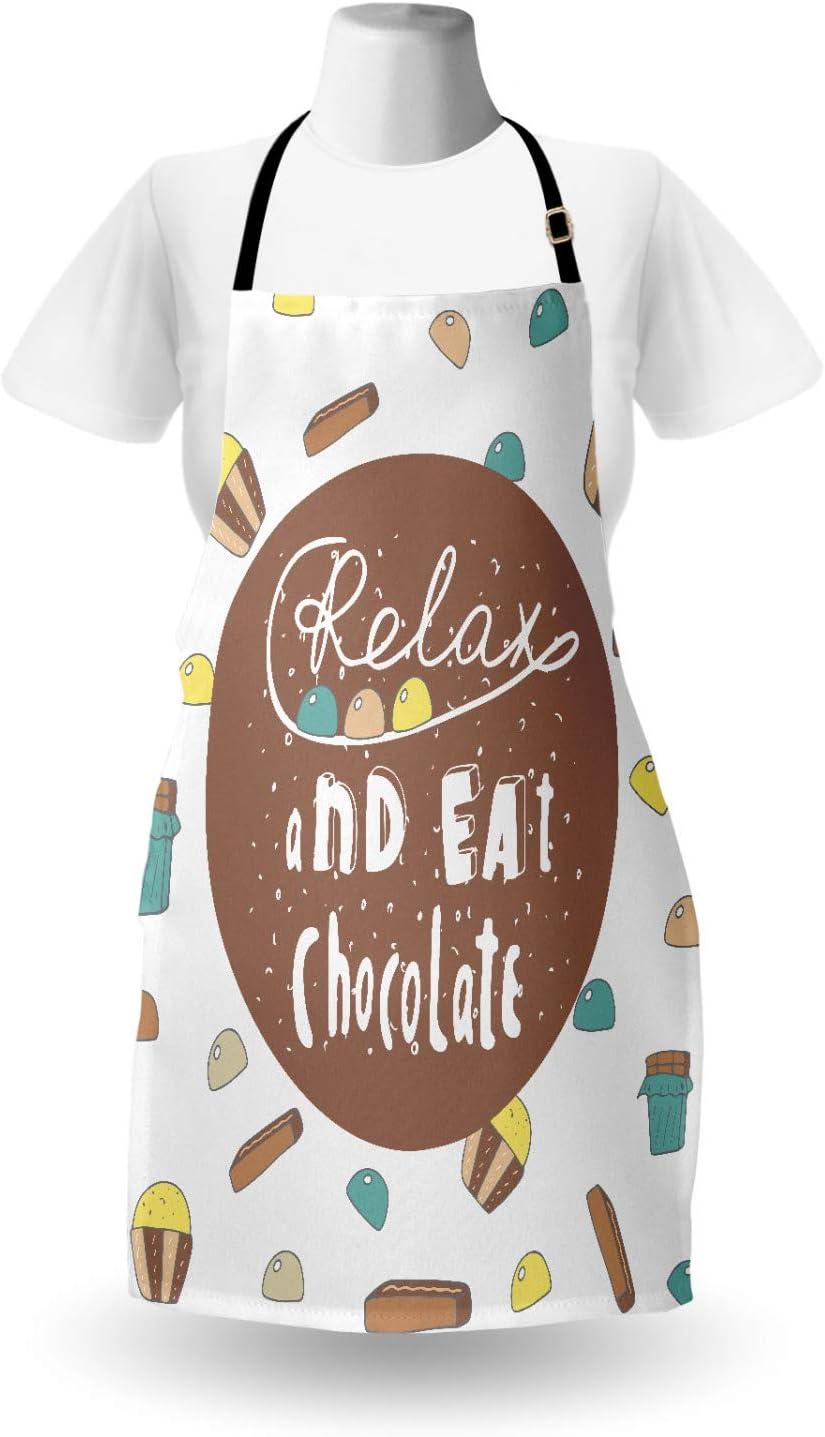 imageAmbesonne Saying Apron Relax and Eat Chocolate Message Tea Time Delicious Desserts Concept with Cupcakes Unisex Kitchen Bib with Adjustable Neck for Cooking Gardening Adult Size Brown Teal