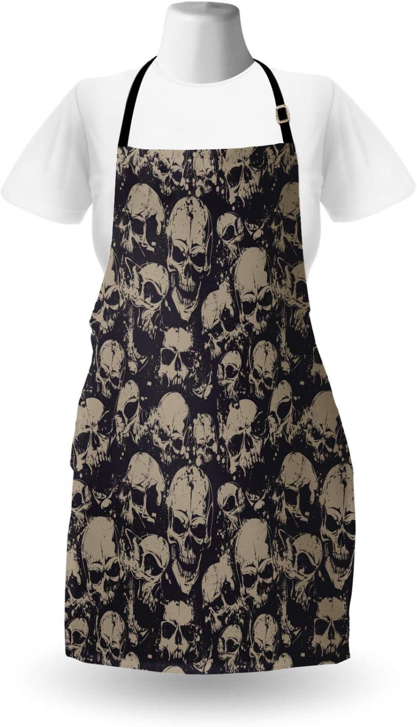 imageAmbesonne Skull Apron Grunge Scary Skulls Sketchy Graveyard Death Evil Face Horror Theme Design Unisex Kitchen Bib with Adjustable Neck for Cooking Gardening Adult Size Charcoal Grey Tan