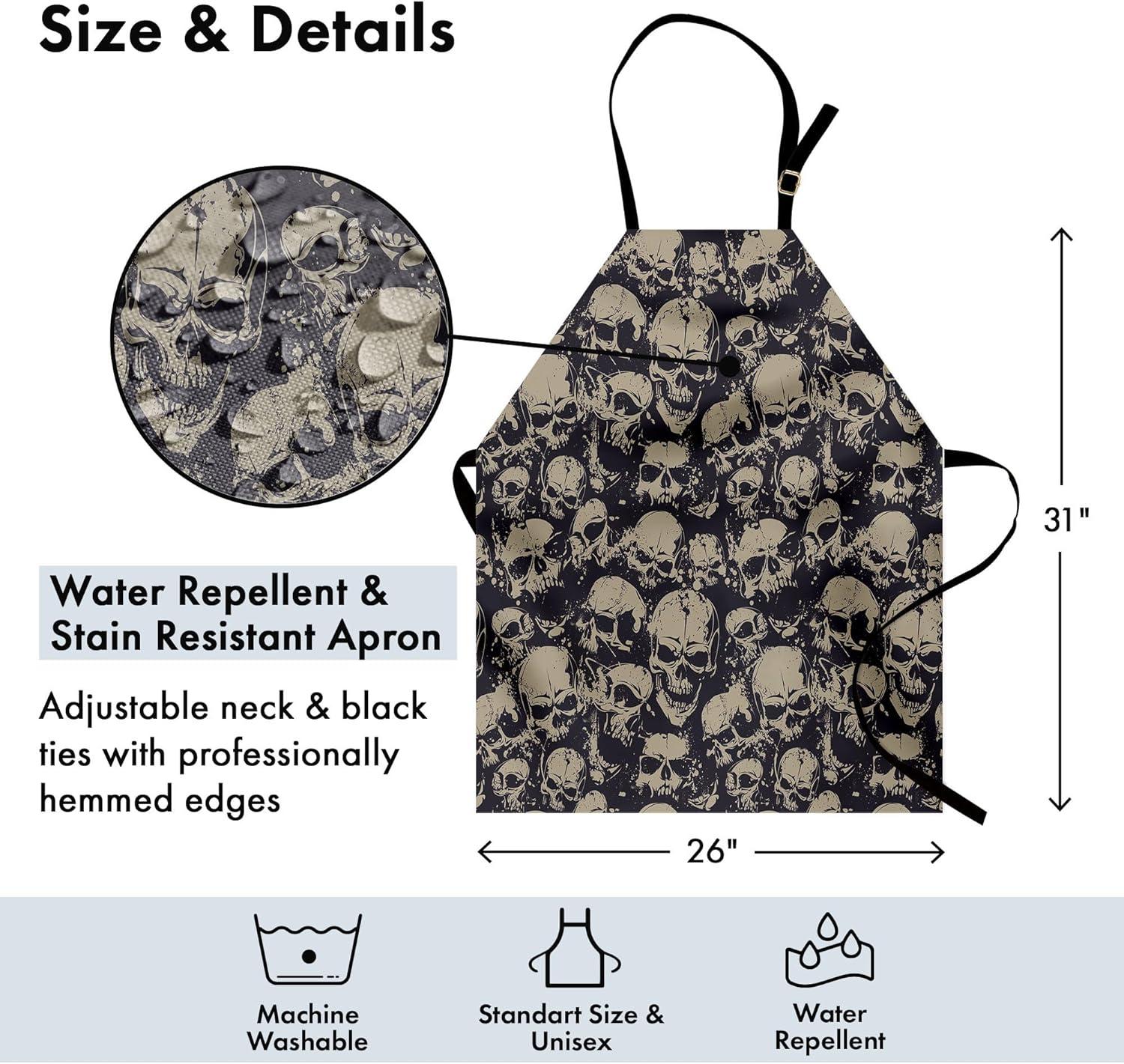 imageAmbesonne Skull Apron Grunge Scary Skulls Sketchy Graveyard Death Evil Face Horror Theme Design Unisex Kitchen Bib with Adjustable Neck for Cooking Gardening Adult Size Charcoal Grey Tan
