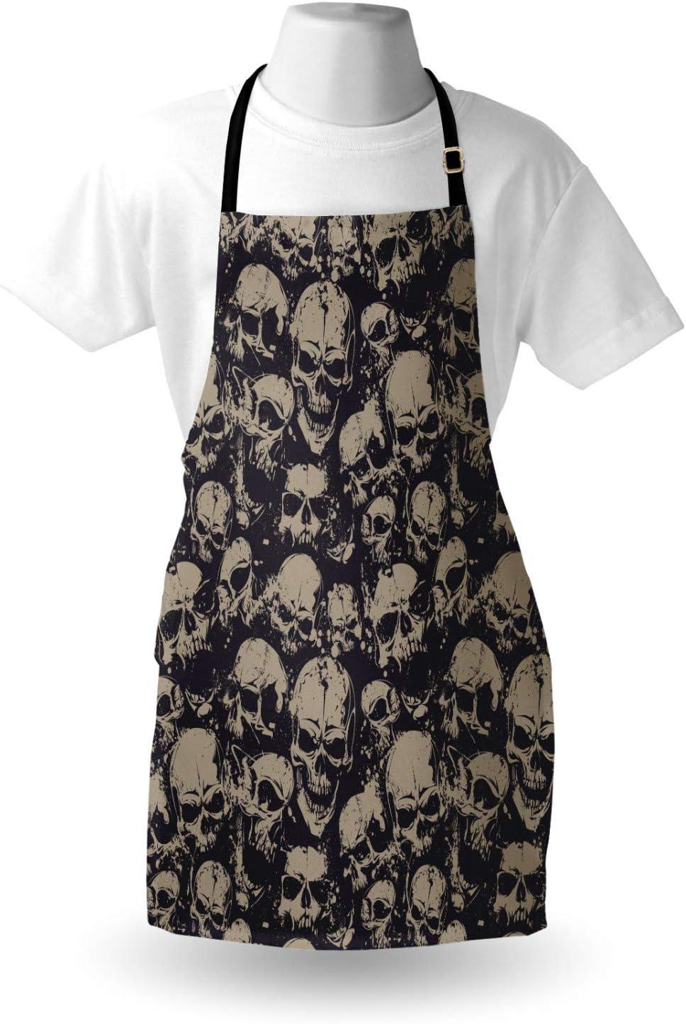 imageAmbesonne Skull Apron Grunge Scary Skulls Sketchy Graveyard Death Evil Face Horror Theme Design Unisex Kitchen Bib with Adjustable Neck for Cooking Gardening Adult Size Charcoal Grey Tan