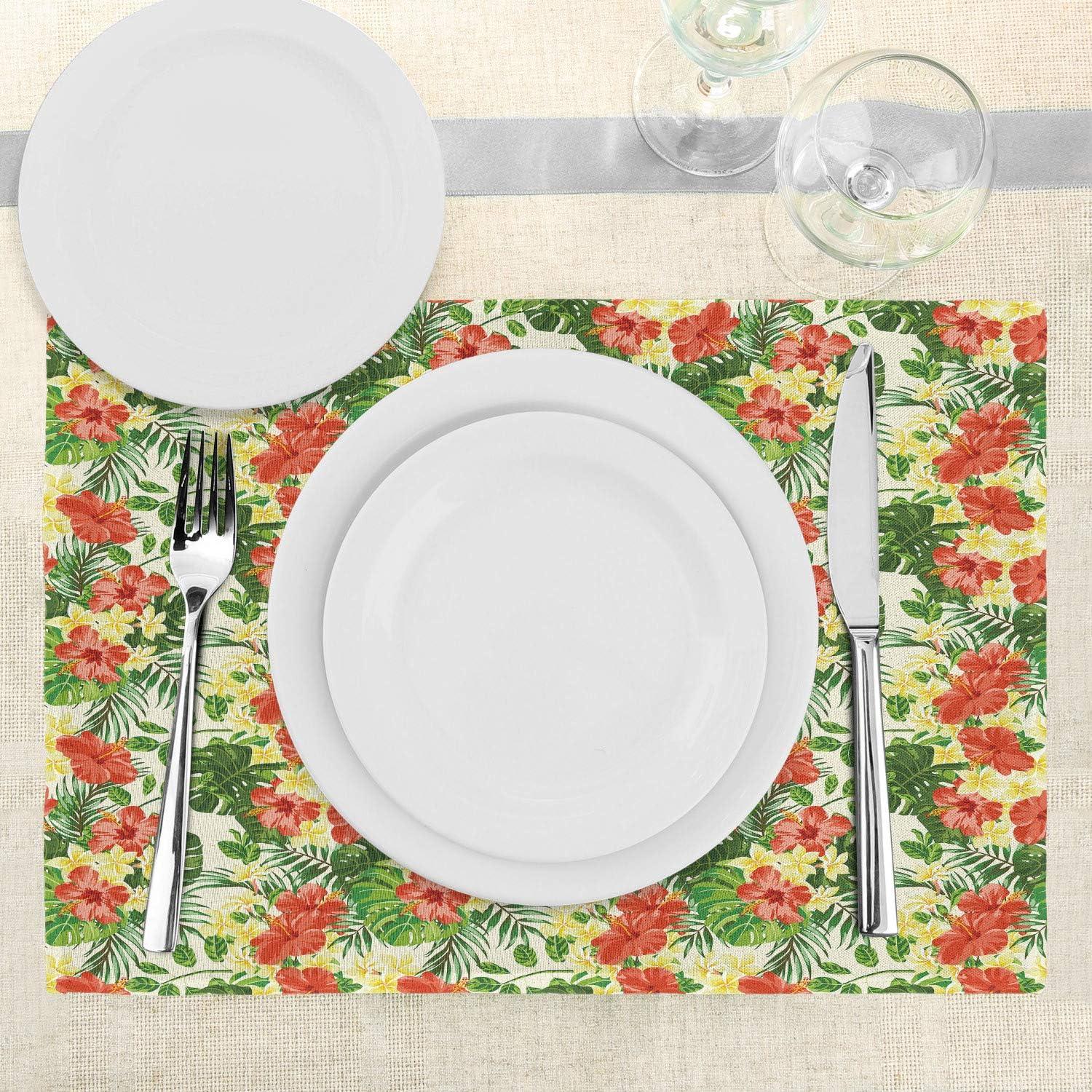 imageAmbesonne Tropical Place Mats Set of 4 Exotic Pattern with Plumeria Hibiscus Monstera Palm Flowers and Leaves Washable Fabric Placemats for Dining Room Kitchen Table Decor Red Pale Yellow Green