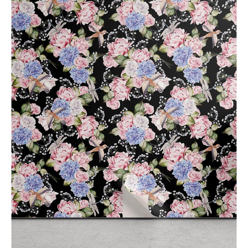 imageAmbesonne Floral Peel amp Stick Wallpaper for Home Valentines Day Romantic Concept Watercolor Hydrangeas Roses Birds SelfAdhesive Living Room Kitchen Accent 13 x 36 Soft Pink Pistachio Green