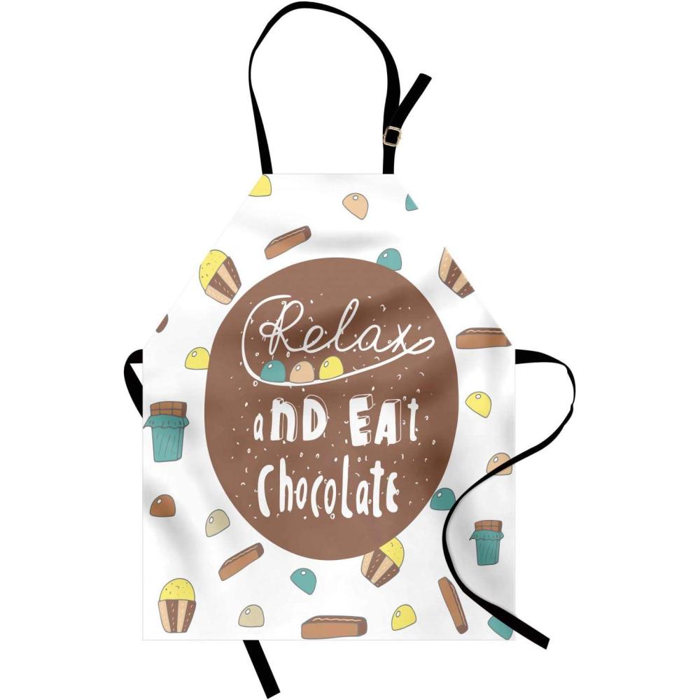 imageAmbesonne Saying Apron Relax and Eat Chocolate Message Tea Time Delicious Desserts Concept with Cupcakes Unisex Kitchen Bib with Adjustable Neck for Cooking Gardening Adult Size Brown Teal
