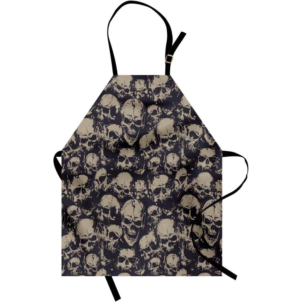 imageAmbesonne Skull Apron Grunge Scary Skulls Sketchy Graveyard Death Evil Face Horror Theme Design Unisex Kitchen Bib with Adjustable Neck for Cooking Gardening Adult Size Charcoal Grey Tan
