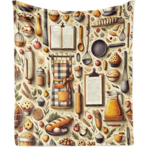 Ambesonne Cooking Themed Throw Blanket, Pattern with Bakery Food Kitchen Concept Recipe Ingredients Chef Print, Flannel Fleece Accent Piece Soft Couch Cover for Adults, 50″ x 70″, Cream and Orange(Cream and Orange)