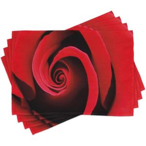 Ambesonne Rose Place Mats Set of 4, Extreme Close up of Red Rose Bloom Swirled Spiral Petals Beauty in Nature Theme, Washable Fabric Placemats for Dining Room Kitchen Table Decor, Vermilion Black