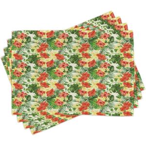 Ambesonne Tropical Place Mats Set of 4, Exotic Pattern with Plumeria Hibiscus Monstera Palm Flowers and Leaves, Washable Fabric Placemats for Dining Room Kitchen Table Decor, Red Pale Yellow Green