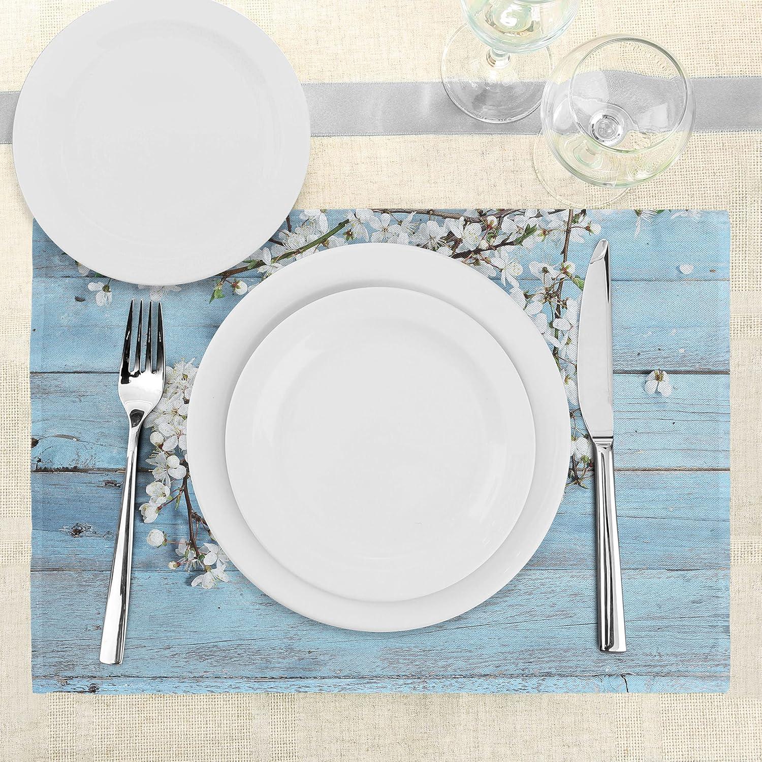 imageAmbesonne Rustic Place Mats Set of 8 Branch Blooming Warm Season Flowers on Wooden Fragility of Spring Washable Fabric Placemats for Dining Table Placemat 8 pcs Blue