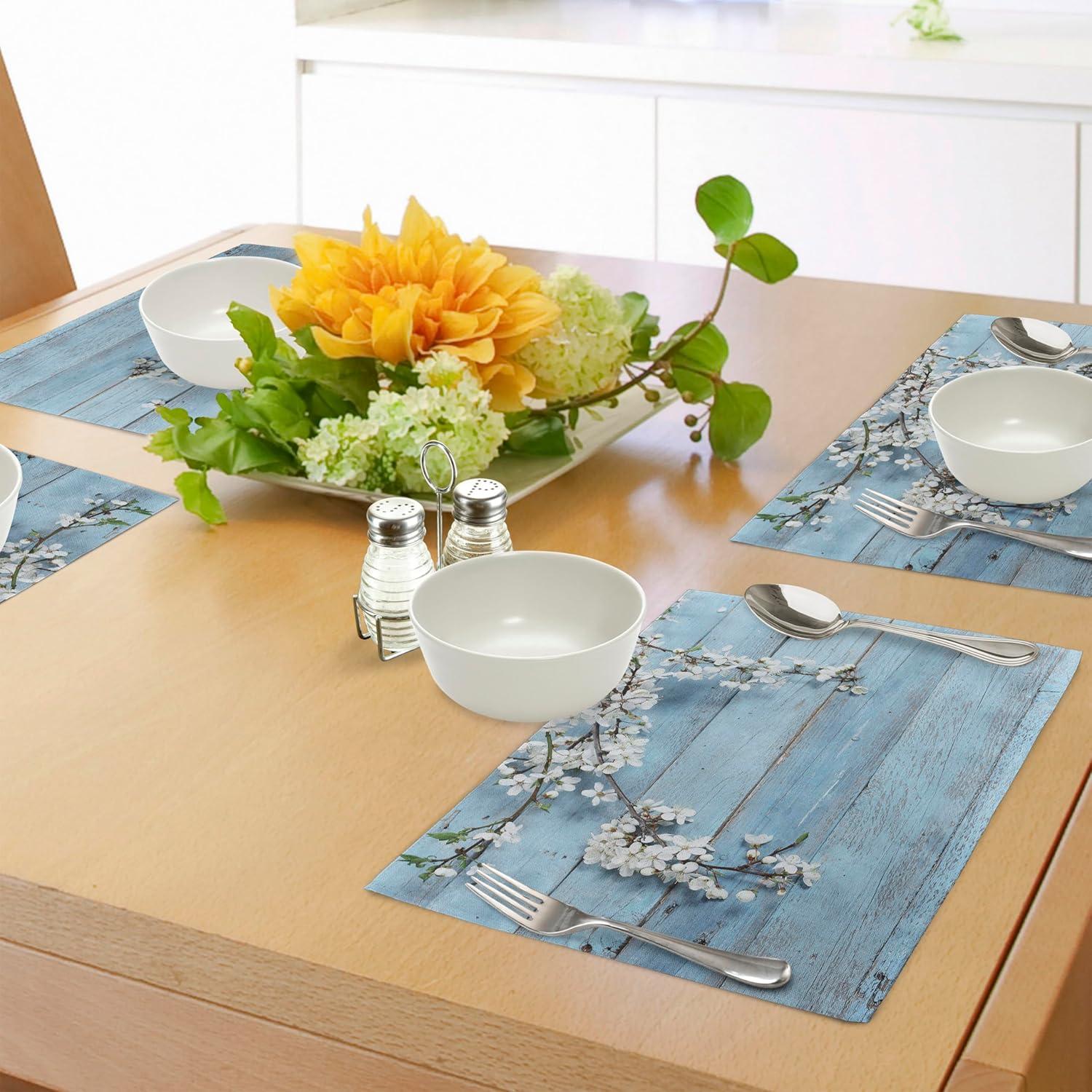 imageAmbesonne Rustic Place Mats Set of 8 Branch Blooming Warm Season Flowers on Wooden Fragility of Spring Washable Fabric Placemats for Dining Table Placemat 8 pcs Blue