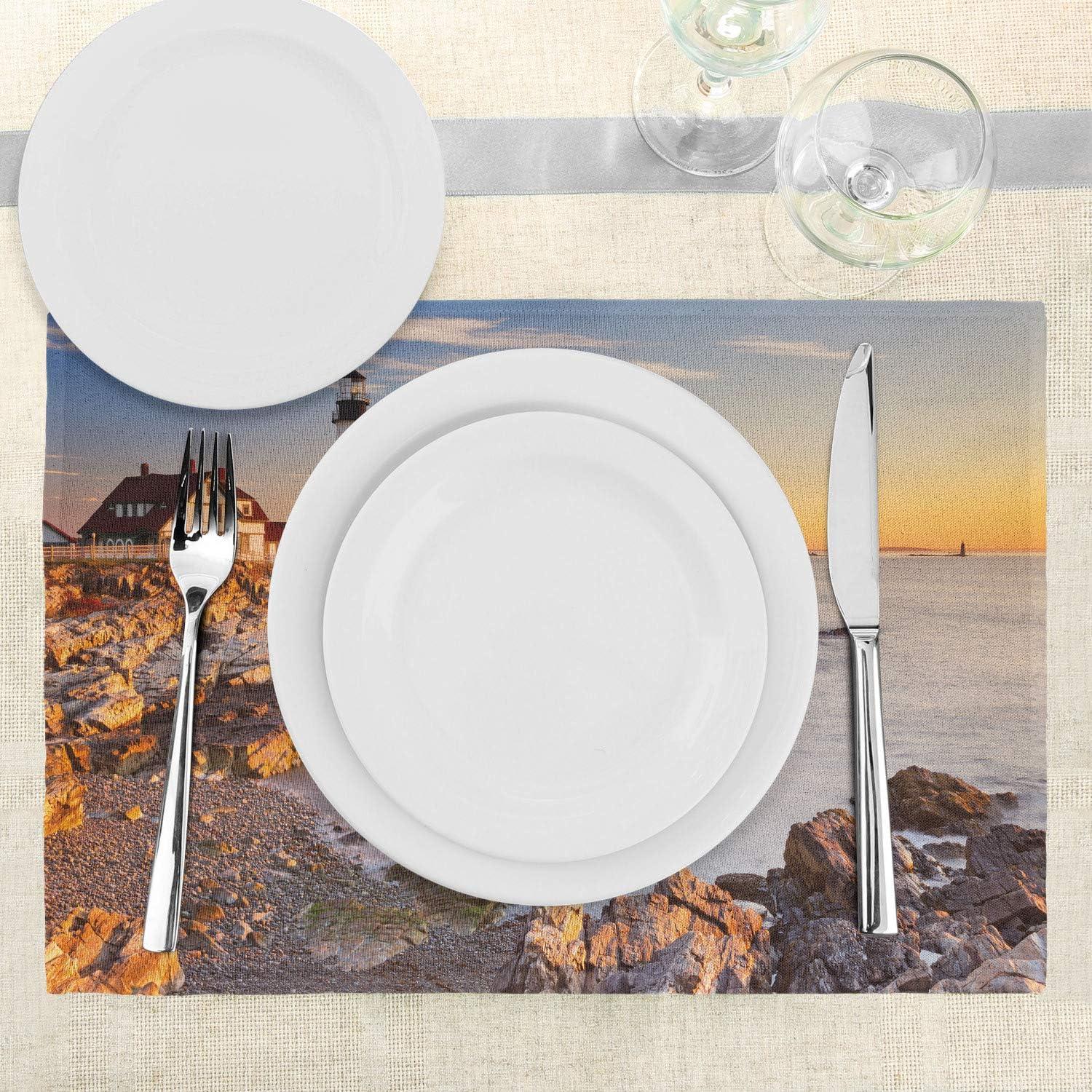 imageAmbesonne United States Place Mats Set of 4 Cape Elizabeth Maine River Portland Lighthouse Sunrise USA Coast Scenery Washable Fabric Placemats for Dining Table Standard Size Tan Blue
