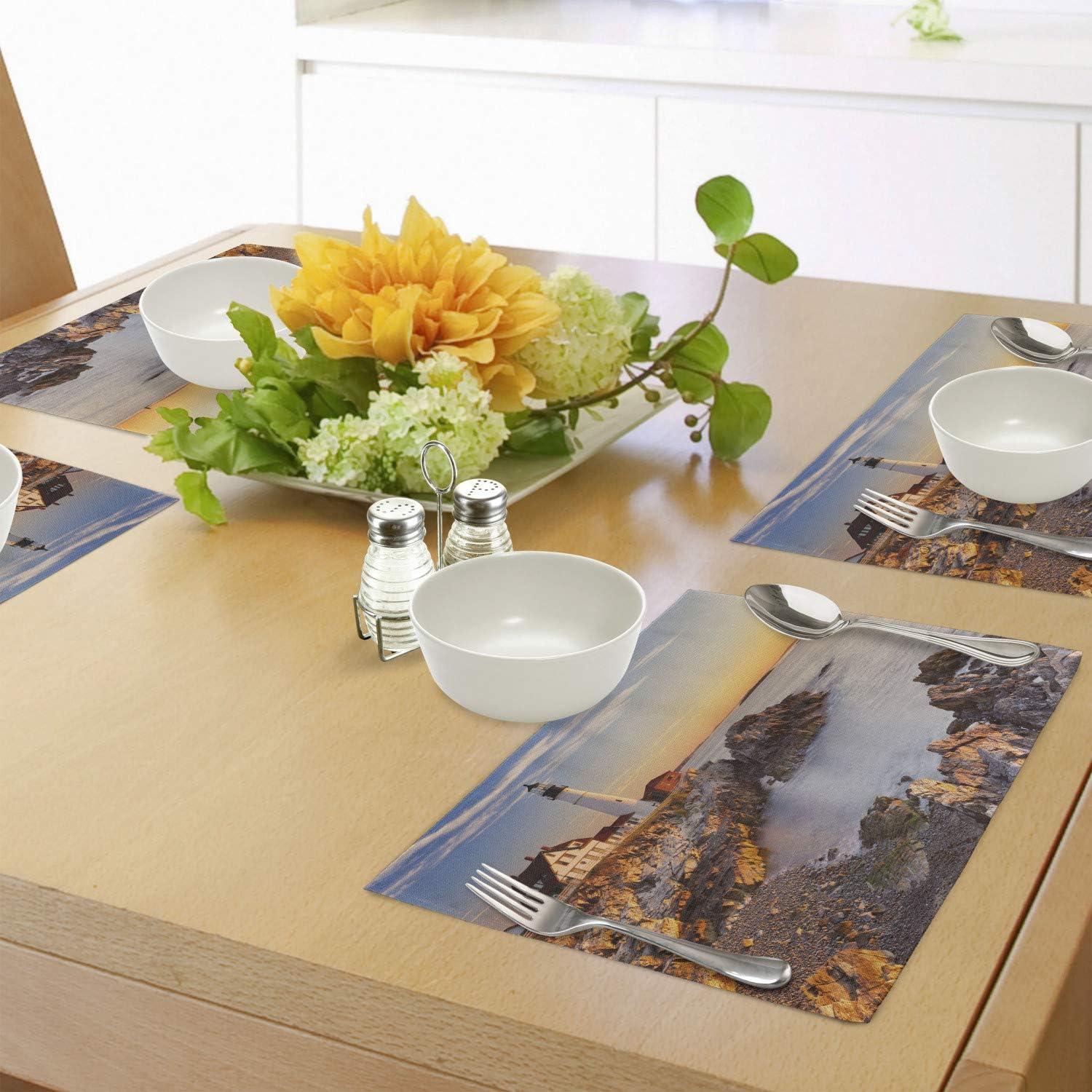 imageAmbesonne United States Place Mats Set of 4 Cape Elizabeth Maine River Portland Lighthouse Sunrise USA Coast Scenery Washable Fabric Placemats for Dining Table Standard Size Tan Blue