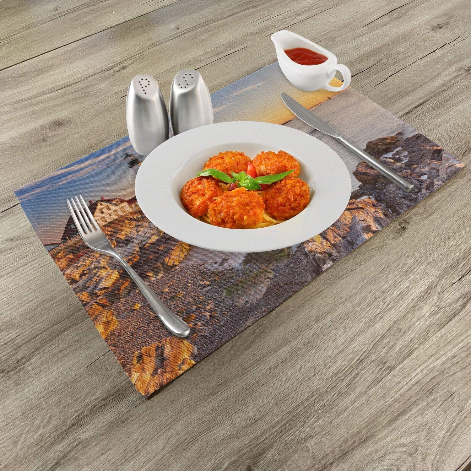 imageAmbesonne United States Place Mats Set of 4 Cape Elizabeth Maine River Portland Lighthouse Sunrise USA Coast Scenery Washable Fabric Placemats for Dining Table Standard Size Tan Blue