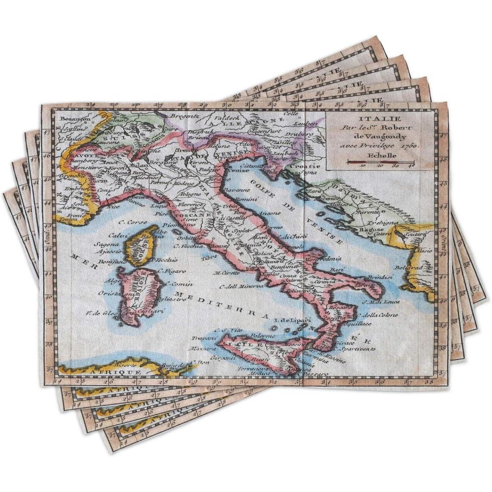 imageAmbesonne Map Print Place Mats Set of 4 Vintage Map Illustration of Italy with Retro Letterings Print Travel in The Past Washable Fabric Placemats for Dining Table Standard Size Multicolor