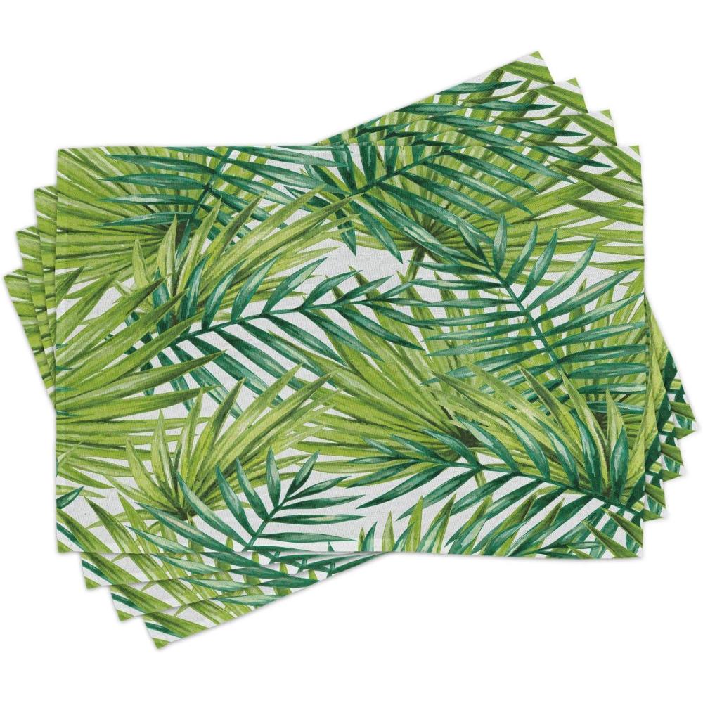 imageAmbesonne Plant Place Mats Set of 4 Watercolor Tropical Palm Leaves Colorful Illustration Natural Feelings Washable Fabric Placemats for Dining Table Standard Size Lime Green