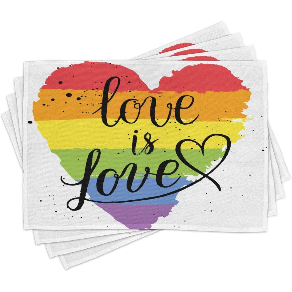 imageAmbesonne Pride Place Mats Set of 4 LGBT Gay Lesbian Parade Love is Love Hand Writing Paint Strokes Washable Fabric Placemats for Dining Table Standard Size Red Black