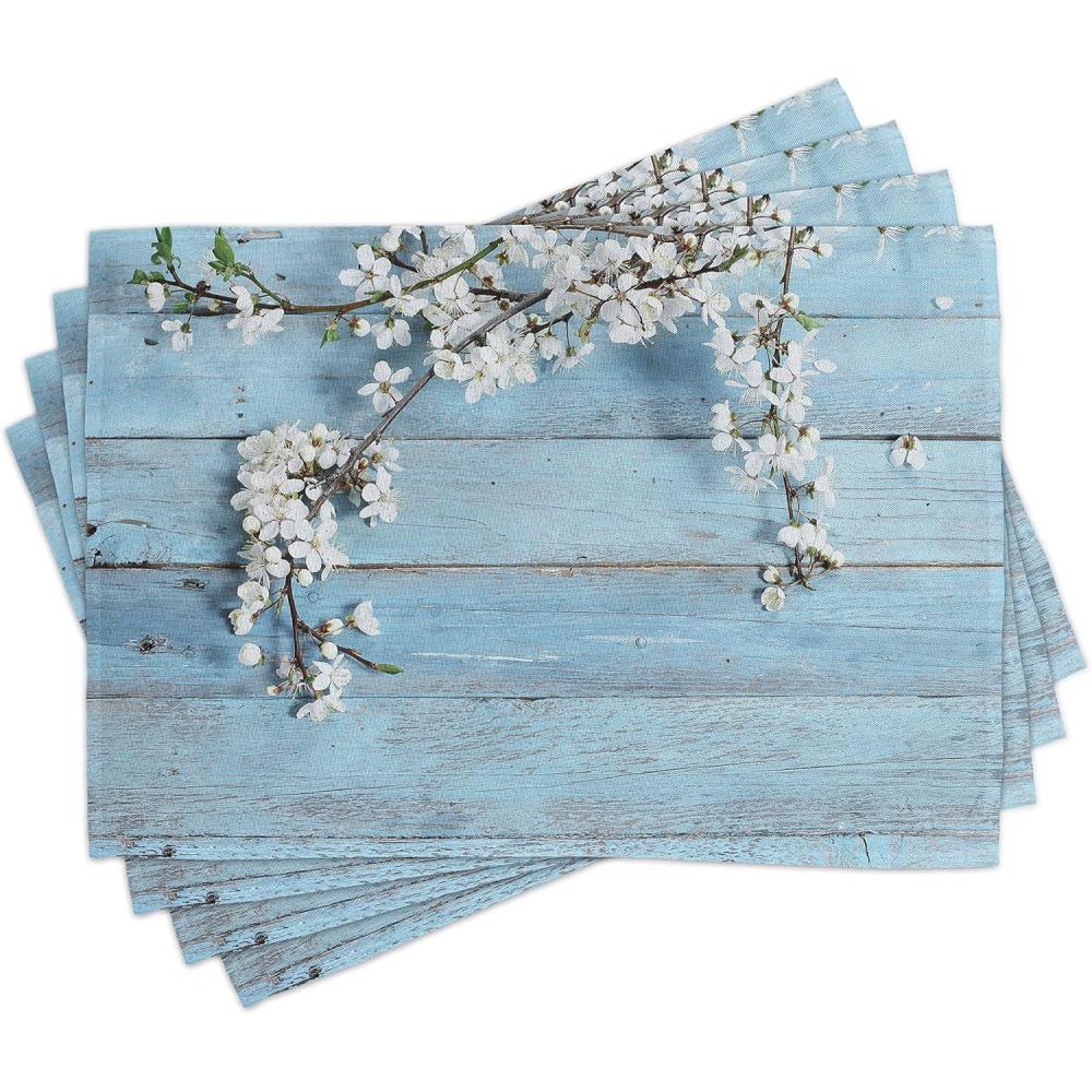 imageAmbesonne Rustic Place Mats Set of 8 Branch Blooming Warm Season Flowers on Wooden Fragility of Spring Washable Fabric Placemats for Dining Table Placemat 8 pcs Blue