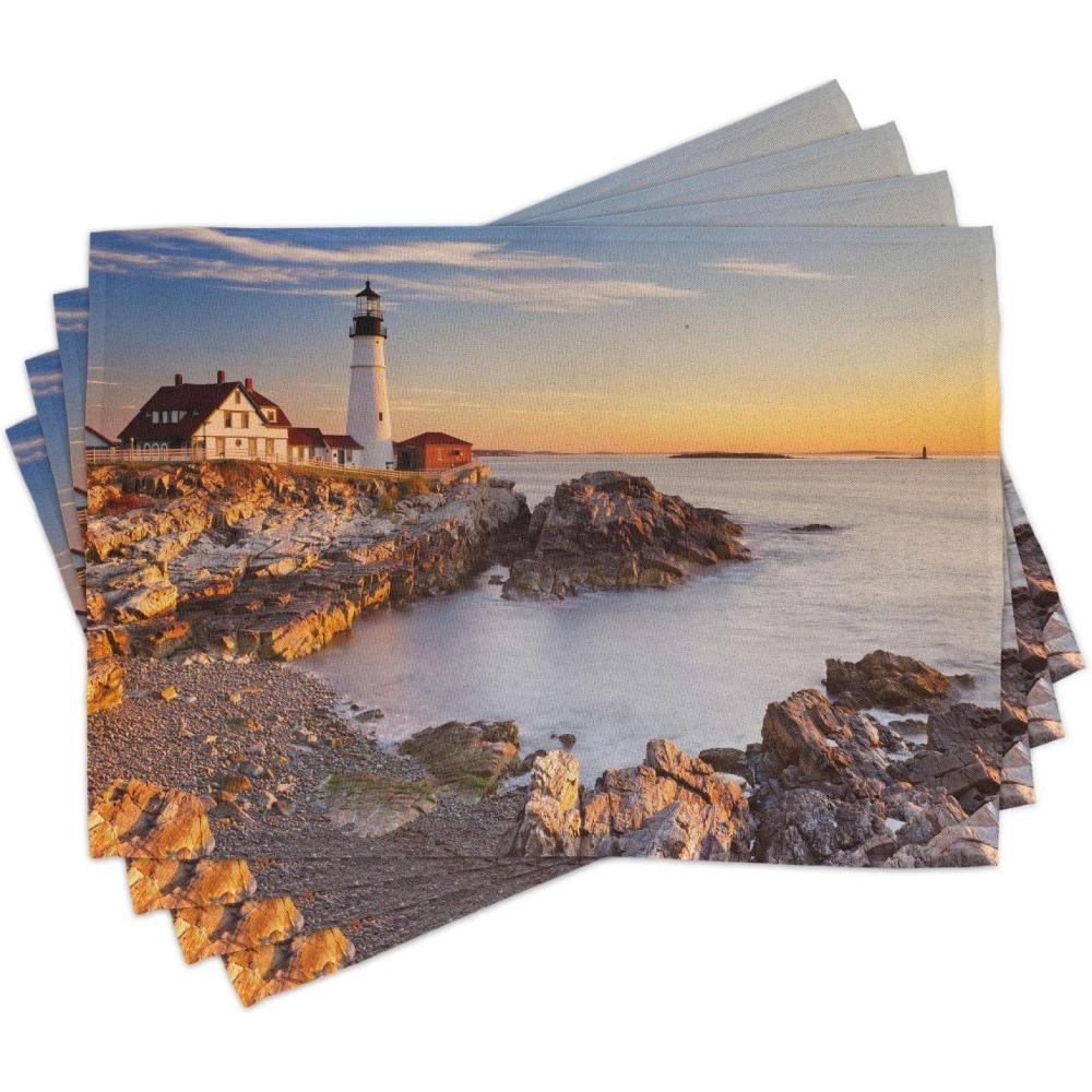 imageAmbesonne United States Place Mats Set of 4 Cape Elizabeth Maine River Portland Lighthouse Sunrise USA Coast Scenery Washable Fabric Placemats for Dining Table Standard Size Tan Blue