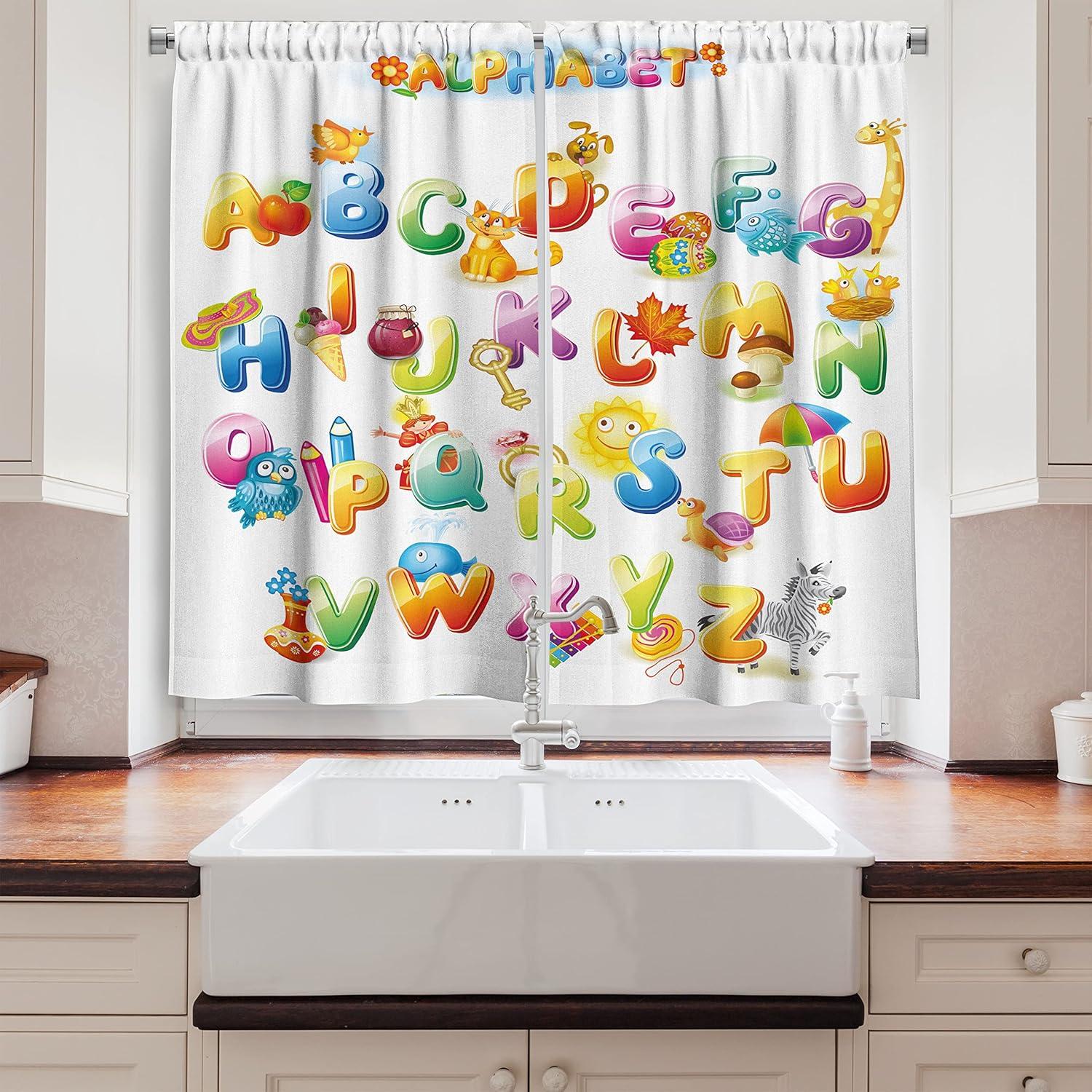 imageAmbesonne Educational Kitchen Curtains Cheerful Cartoon Fun Alphabet Design Font Preschool Kindergarten Design Window Drapes 2 Panel Set for Kitchen Cafe Decor 55 x 39 Orange