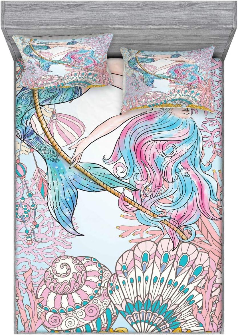 imageAmbesonne Mermaid Fitted Sheet amp Pillow Sham Set Cartoon Woman in Sea Sirens of Greek Myth Female Human Tail of Fish Image Decorative Printed 2 Piece Bedding Decor Set Twin Pink NavyPink Navy