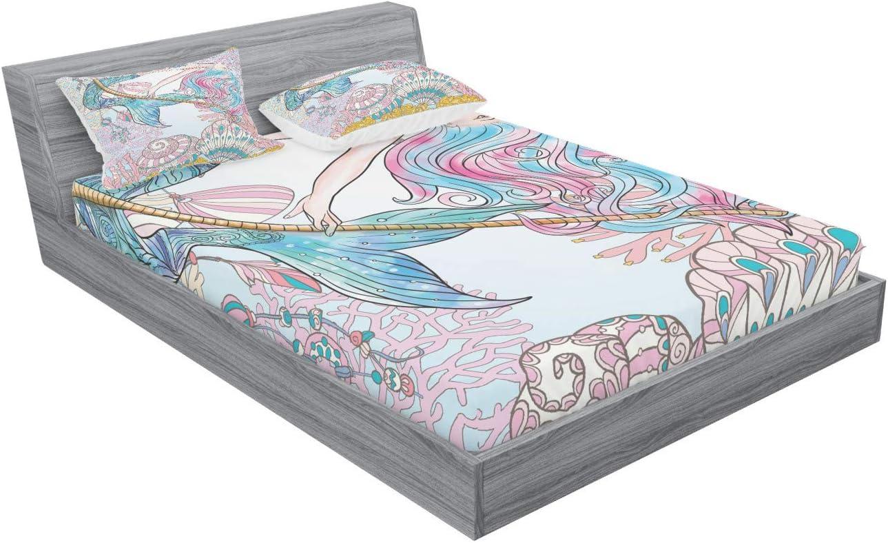 imageAmbesonne Mermaid Fitted Sheet amp Pillow Sham Set Cartoon Woman in Sea Sirens of Greek Myth Female Human Tail of Fish Image Decorative Printed 2 Piece Bedding Decor Set Twin Pink NavyPink Navy