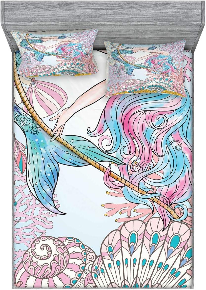 imageAmbesonne Mermaid Fitted Sheet amp Pillow Sham Set Cartoon Woman in Sea Sirens of Greek Myth Female Human Tail of Fish Image Decorative Printed 2 Piece Bedding Decor Set Twin Pink NavyPink Navy