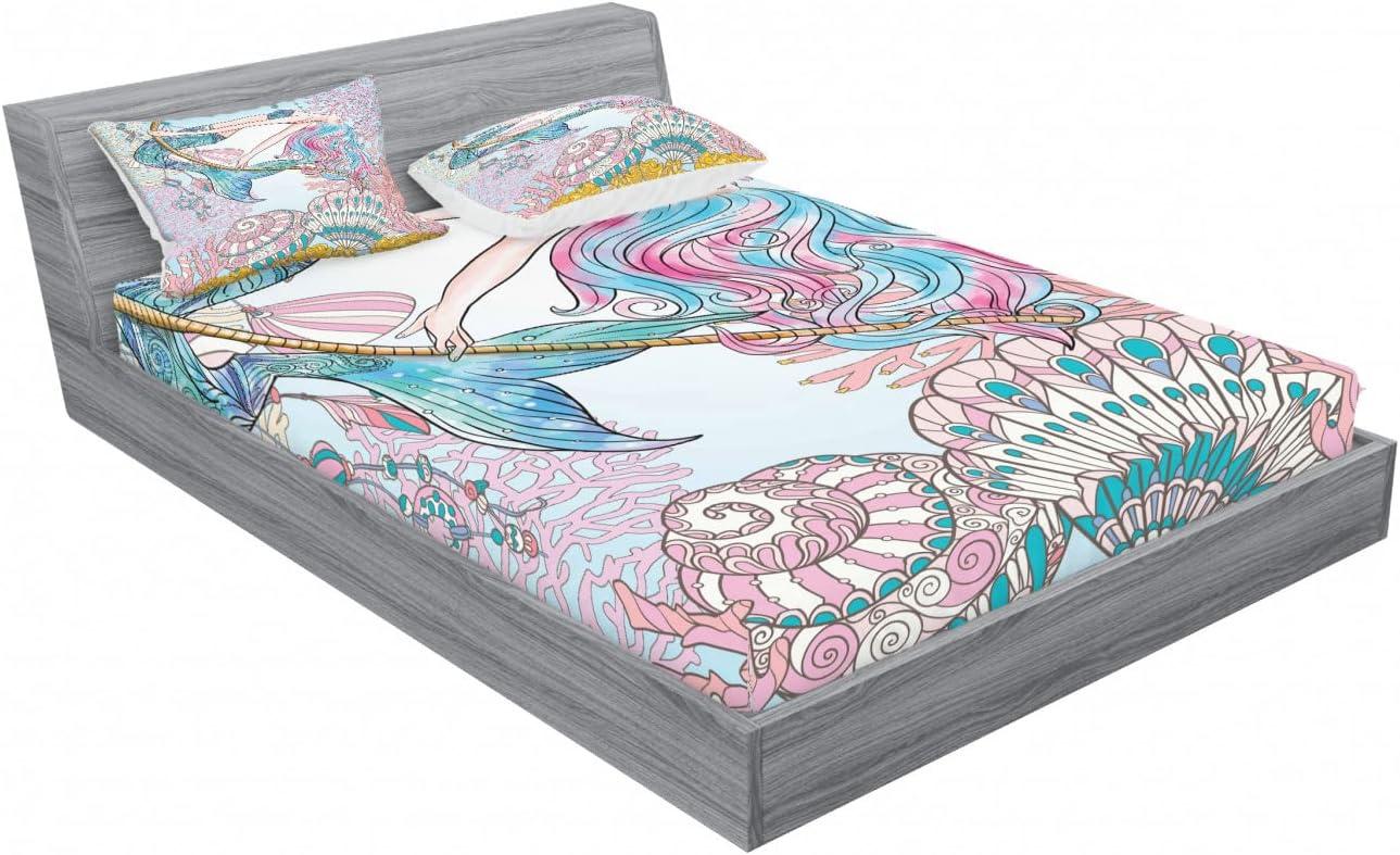 imageAmbesonne Mermaid Fitted Sheet amp Pillow Sham Set Cartoon Woman in Sea Sirens of Greek Myth Female Human Tail of Fish Image Decorative Printed 2 Piece Bedding Decor Set Twin Pink NavyPink Navy