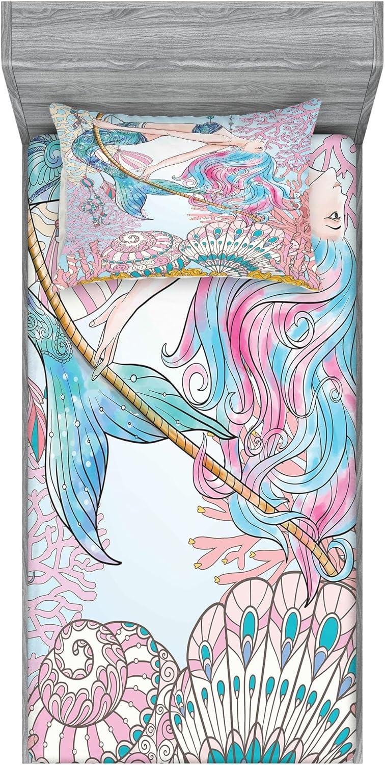 imageAmbesonne Mermaid Fitted Sheet amp Pillow Sham Set Cartoon Woman in Sea Sirens of Greek Myth Female Human Tail of Fish Image Decorative Printed 2 Piece Bedding Decor Set Twin Pink NavyPink Navy