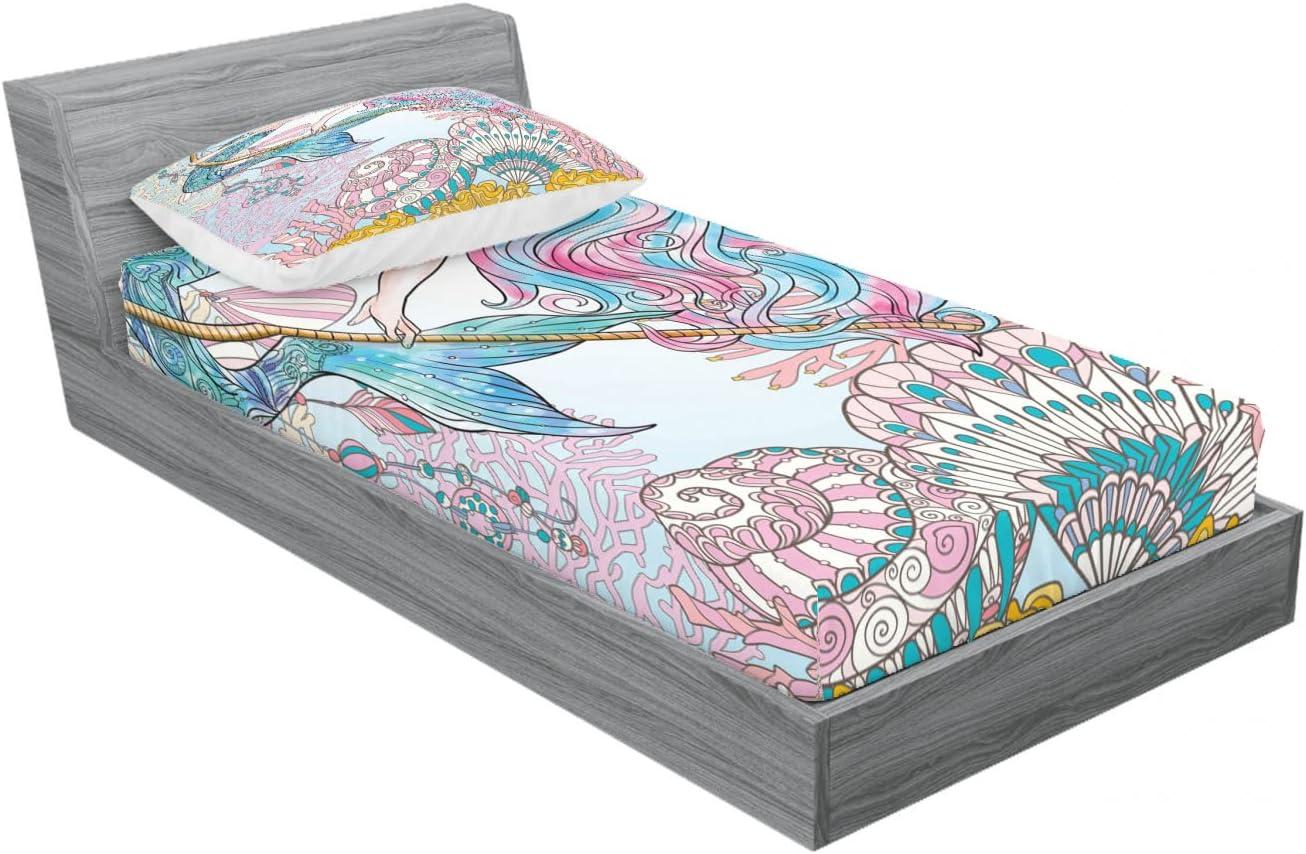 imageAmbesonne Mermaid Fitted Sheet amp Pillow Sham Set Cartoon Woman in Sea Sirens of Greek Myth Female Human Tail of Fish Image Decorative Printed 2 Piece Bedding Decor Set Twin Pink NavyPink Navy