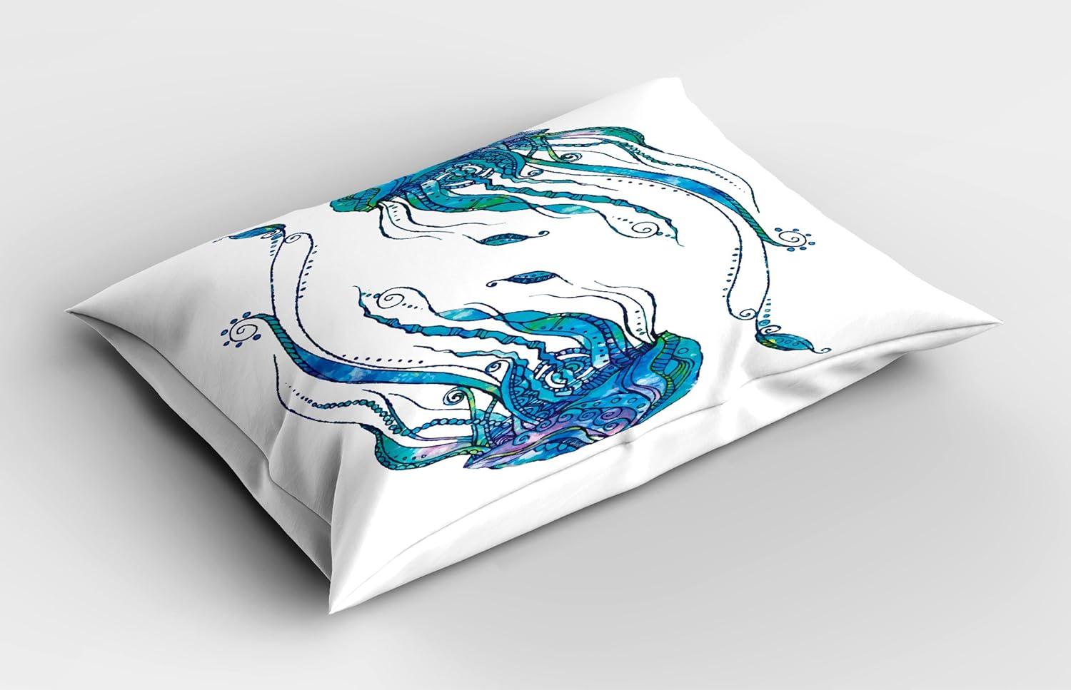 imageAmbesonne Underwater Pillow Sham Cartoon Characters Fish and Seashells with Mermaid Girl Rainbow Underwater Animals Decorative Standard Size Printed Pillowcase 26 X 20 SeafoamTurquoise