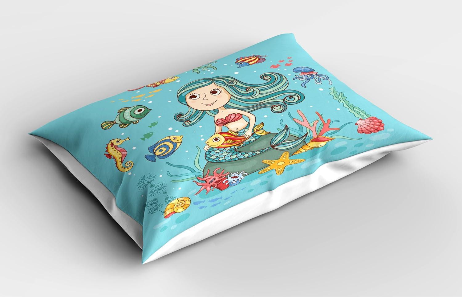 imageAmbesonne Underwater Pillow Sham Cartoon Characters Fish and Seashells with Mermaid Girl Rainbow Underwater Animals Decorative Standard Size Printed Pillowcase 26 X 20 SeafoamSeafoam
