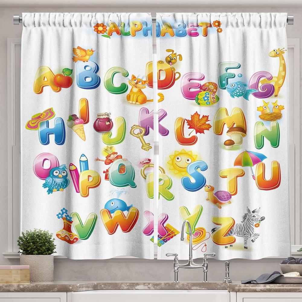 imageAmbesonne Educational Kitchen Curtains Cheerful Cartoon Fun Alphabet Design Font Preschool Kindergarten Design Window Drapes 2 Panel Set for Kitchen Cafe Decor 55 x 39 Orange
