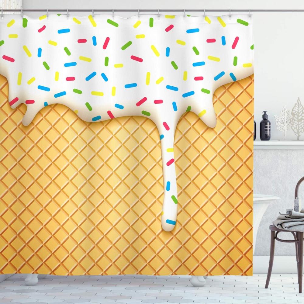 imageAmbesonne Food Shower Curtain Cartoon Like Image of and Melting Ice Cream Cones Colored Sprinkles Print Cloth Fabric Bathroom Decor Set with Hooks 69 W x 75 L Multicolor Mustard