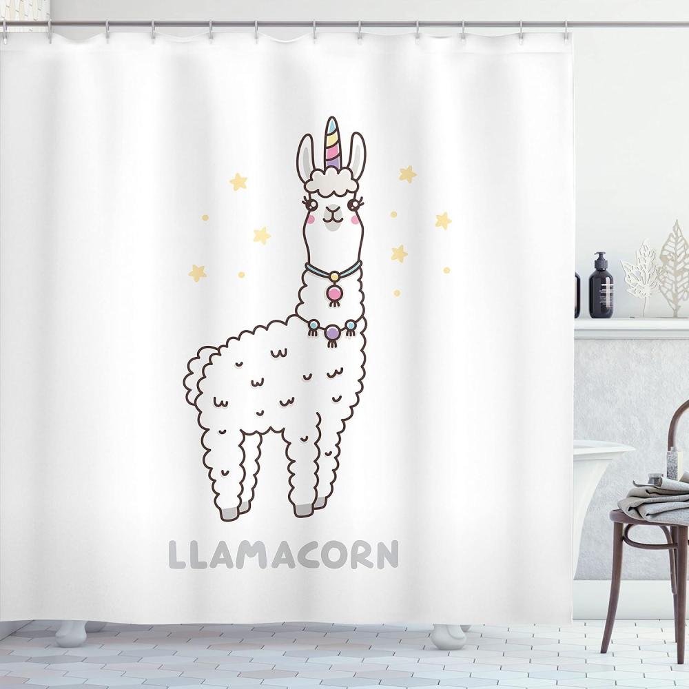 imageAmbesonne Llamacorn Shower Curtain Fantasy World Creature Typographic Funny Unicorn Cartoon Style Art Cloth Fabric Bathroom Decor Set with Hooks 69 W x 70 L White Multicolor