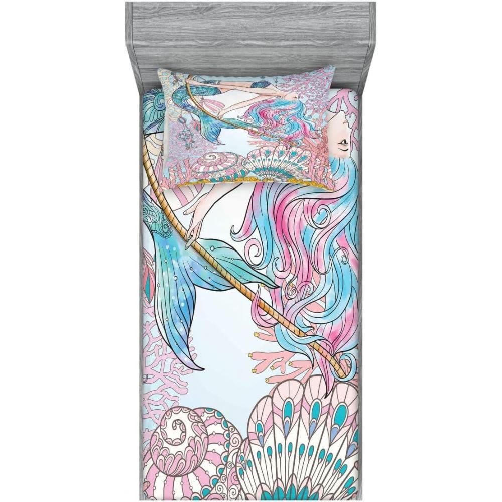 imageAmbesonne Mermaid Fitted Sheet amp Pillow Sham Set Cartoon Woman in Sea Sirens of Greek Myth Female Human Tail of Fish Image Decorative Printed 2 Piece Bedding Decor Set Twin Pink NavyPink Navy