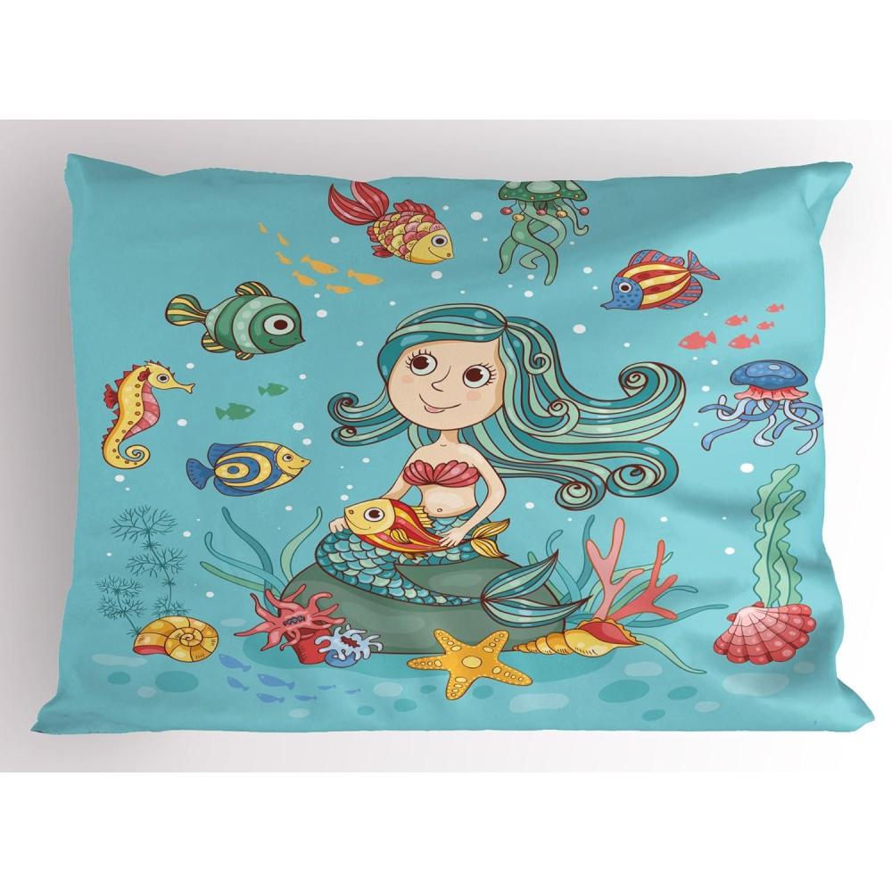 imageAmbesonne Underwater Pillow Sham Cartoon Characters Fish and Seashells with Mermaid Girl Rainbow Underwater Animals Decorative Standard Size Printed Pillowcase 26 X 20 SeafoamSeafoam