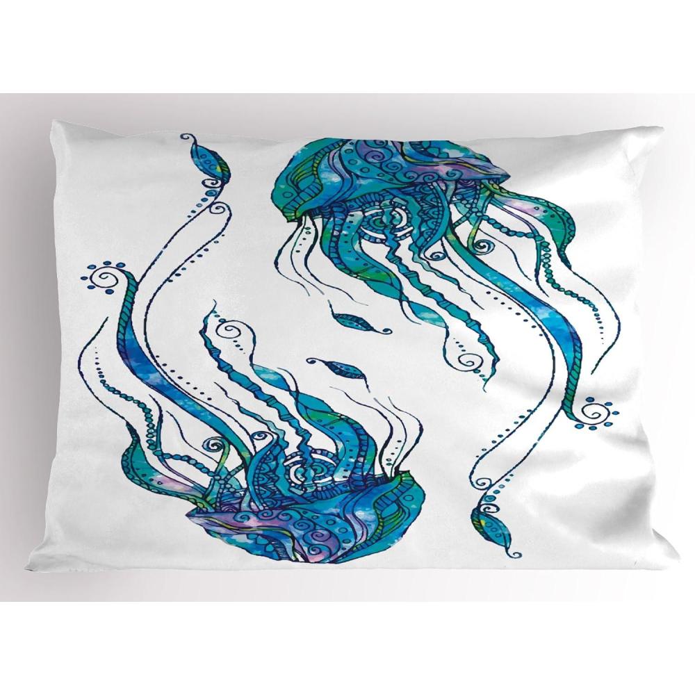 imageAmbesonne Underwater Pillow Sham Cartoon Characters Fish and Seashells with Mermaid Girl Rainbow Underwater Animals Decorative Standard Size Printed Pillowcase 26 X 20 SeafoamTurquoise