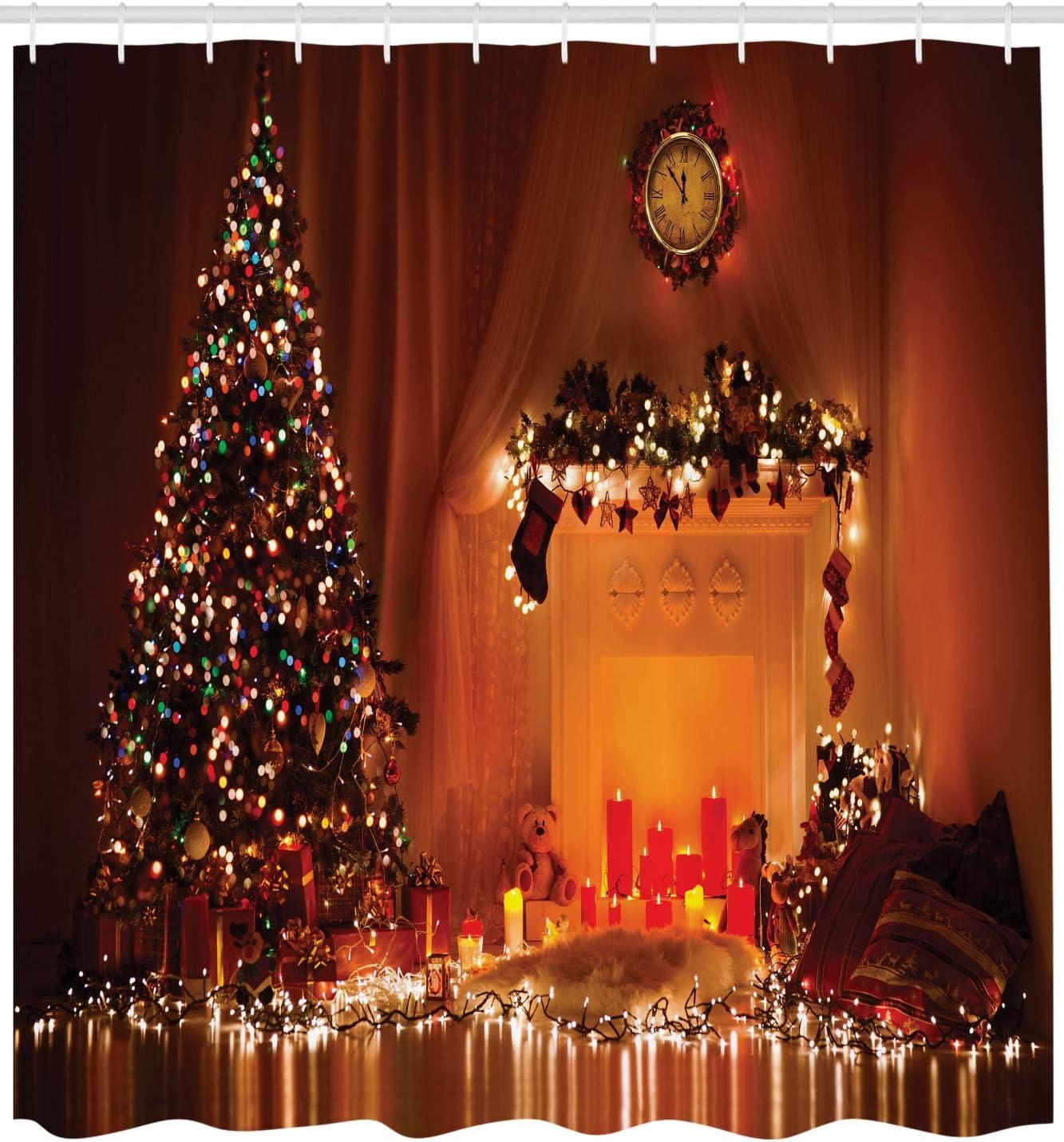 imageAmbesonne Christmas Shower Curtain Romantic Xmas Room with Candles Presents Toys Picture Print Cloth Fabric Bathroom Decor Set with Hooks 69 W x 84 L Orange