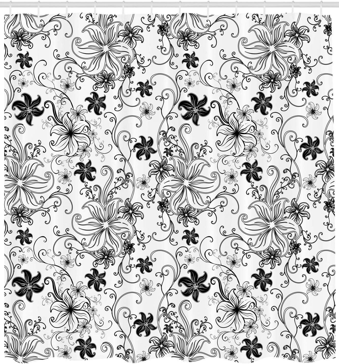 imageAmbesonne Floral Shower Curtain Flowers Leaves Twirled Swirls Buds Nature Romantic Design Art Print Cloth Fabric Bathroom Decor Set with Hooks 69 W x 70 L Black White