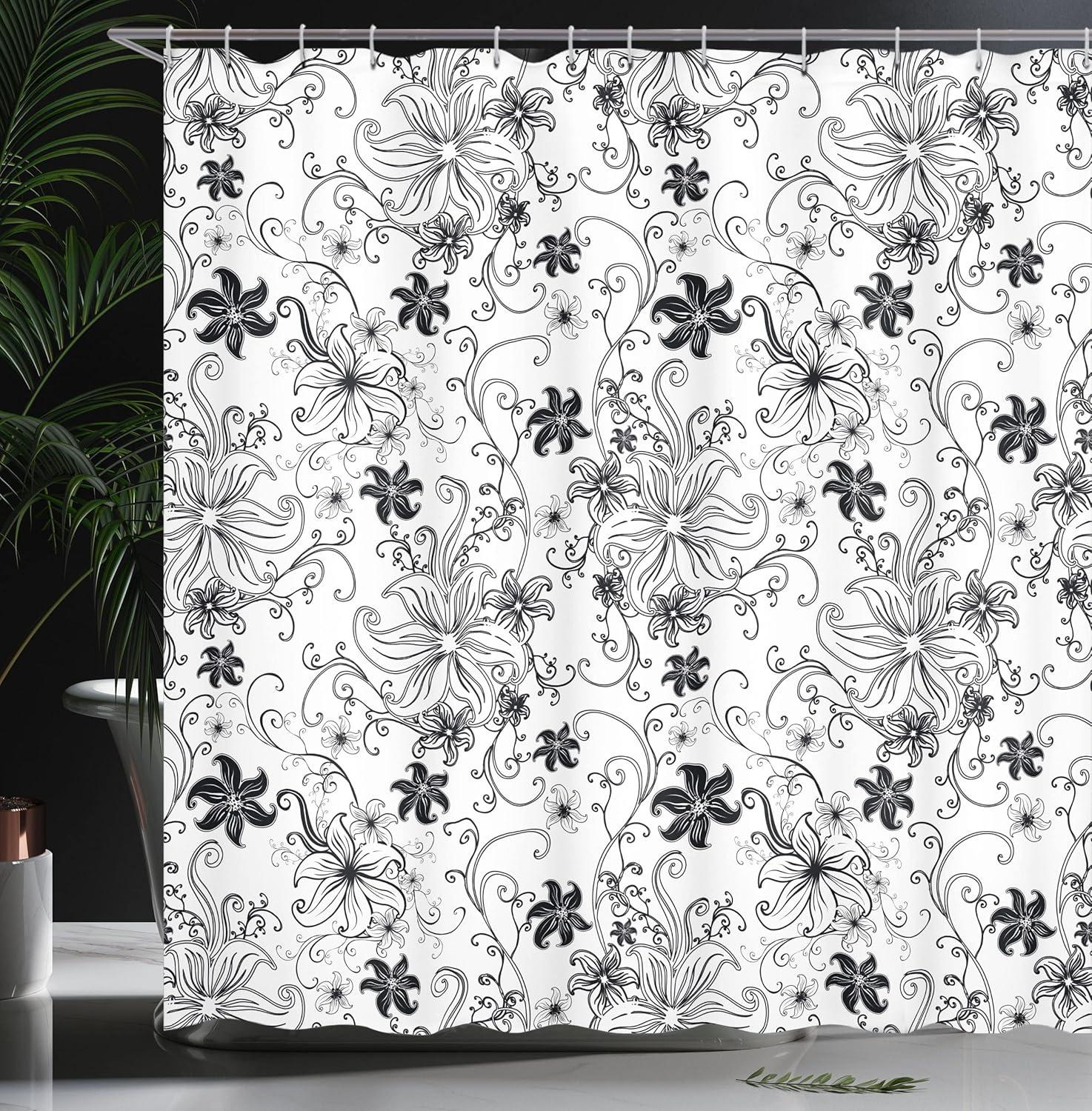 imageAmbesonne Floral Shower Curtain Flowers Leaves Twirled Swirls Buds Nature Romantic Design Art Print Cloth Fabric Bathroom Decor Set with Hooks 69 W x 70 L Black White