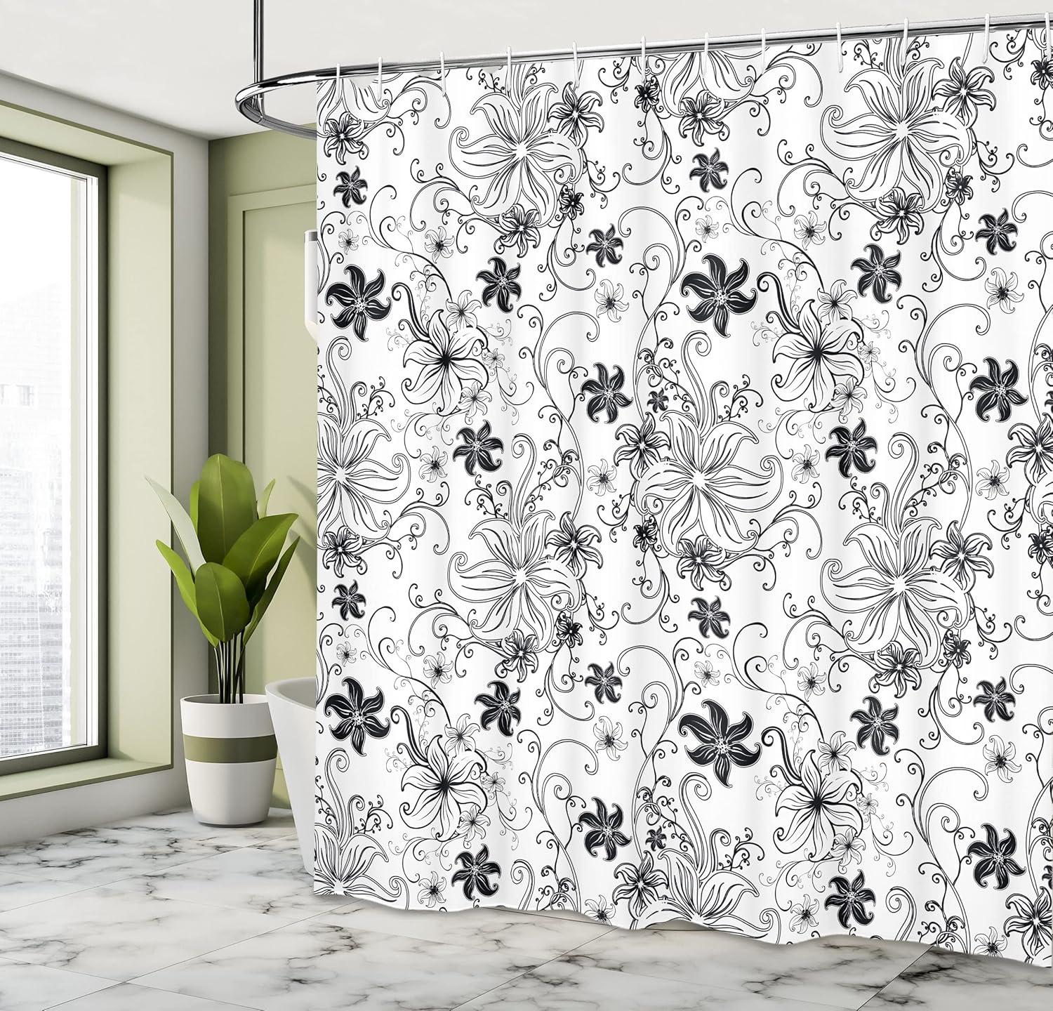 imageAmbesonne Floral Shower Curtain Flowers Leaves Twirled Swirls Buds Nature Romantic Design Art Print Cloth Fabric Bathroom Decor Set with Hooks 69 W x 70 L Black White