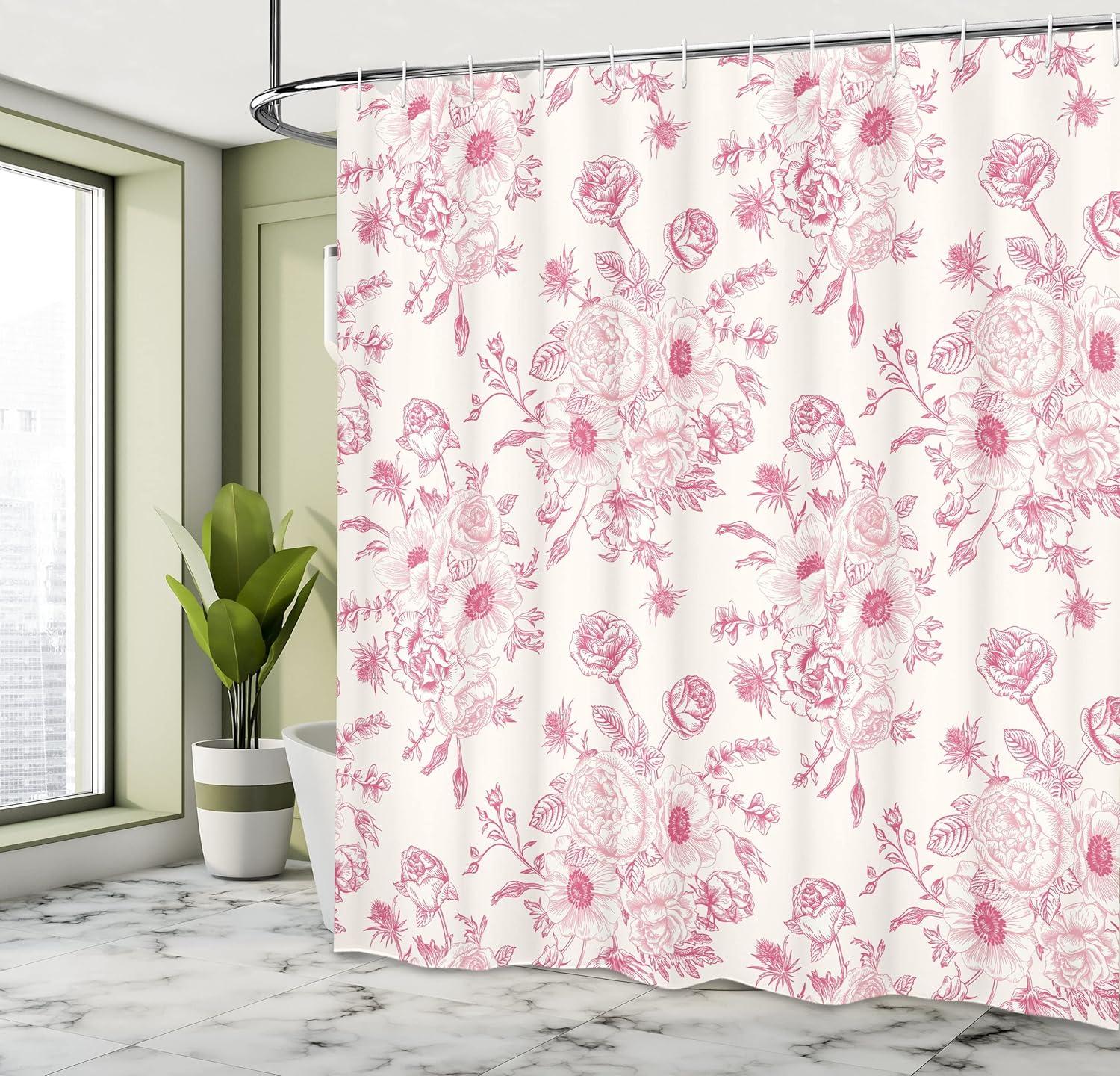 imageAmbesonne Floral Shower Curtain Romantic Rose Flower Bouquet Blooms in Soft Pastel Tones Botanical Rococo English Garden Concept Design Art Fabric Bathroom Decor Set with Hooks 69 W x 75 L Pink