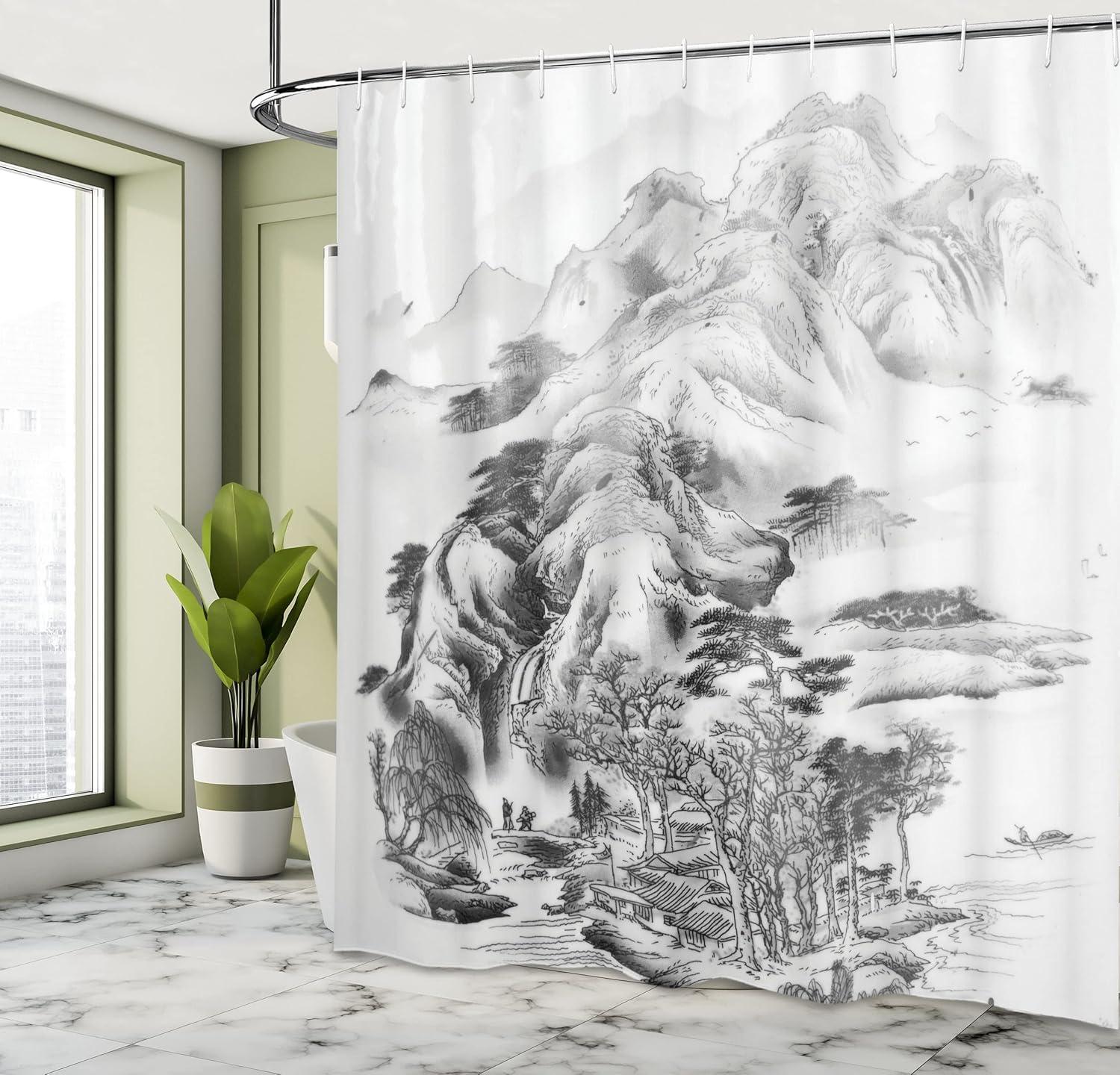 imageAmbesonne Floral Shower Curtain Watercolor Style of a Peony Flowers with The Black Brush Strokes Inspired by Romantic Spring Cloth Fabric Bathroom Decor Set with Hooks 69 W x 75 L Pink WhiteGrey Black