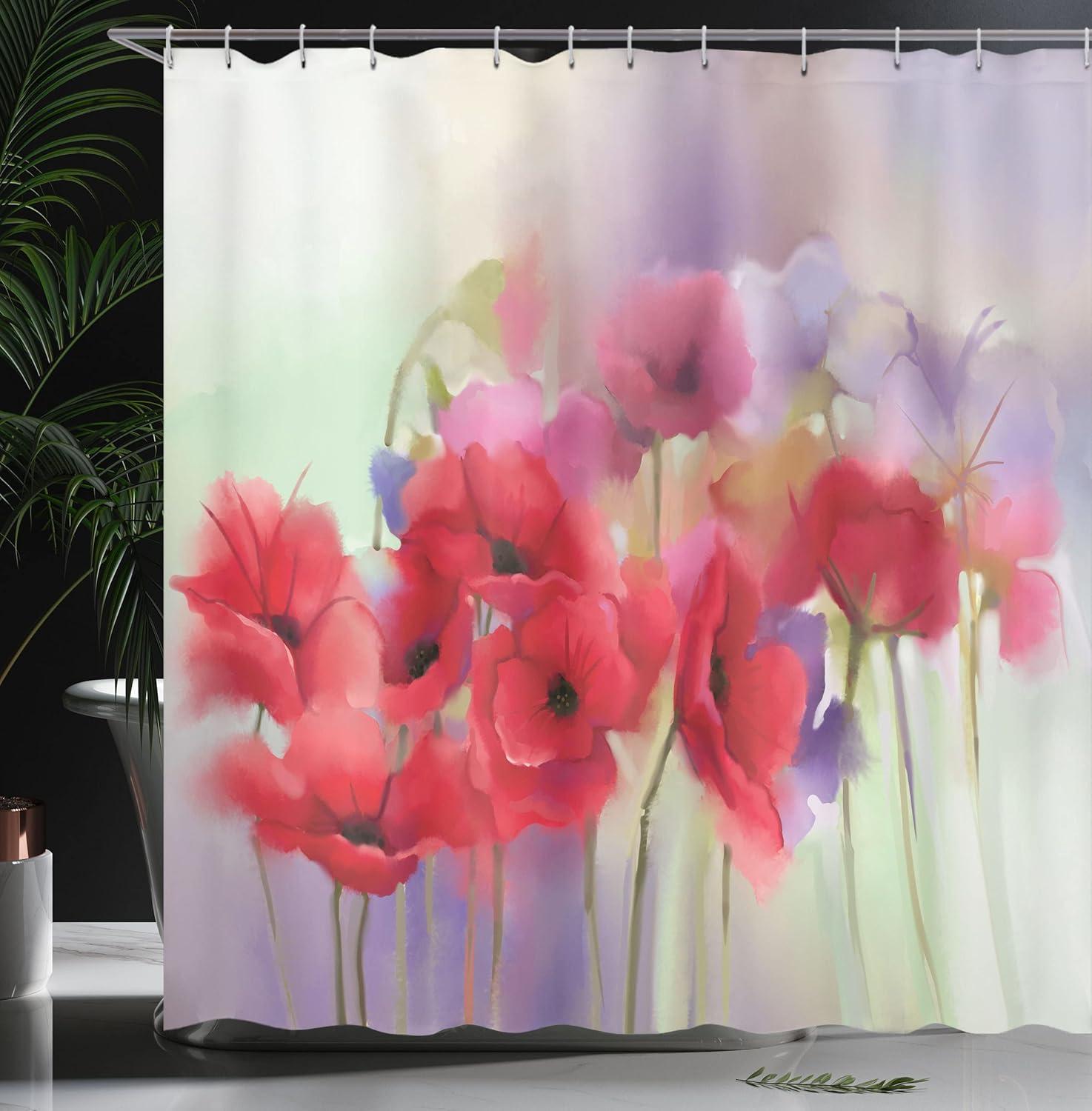 imageAmbesonne Flower Shower Curtain Poppy Flowers Blur Spring Floral Seasonal Romantic Illustration Print Cloth Fabric Bathroom Decor Set with Hooks 69 W x 84 L Lavender and Red